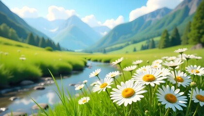 Fototapeta premium A picturesque landscape featuring a field of daisies in the foreground, leading to a flowing stream and a backdrop of mountains under a bright sky
