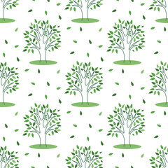 Silhouette of trees natural eco print. Seamless pattern trees with green leaves. Deciduous forest background. Vector graphics