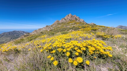 Fototapeta premium A sunny hillside covered in yellow daisies,