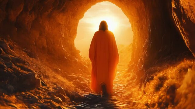 A stunning depiction of the robed figure of Jesus walking away from the empty tomb, seen from behind, with warm sunlight illuminating the path ahead, symbolizing hope, renewal, and divine triumph