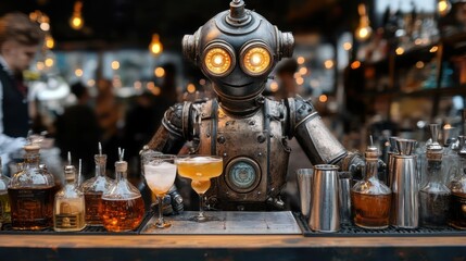 Steampunk robot bartender serving drinks at a bar