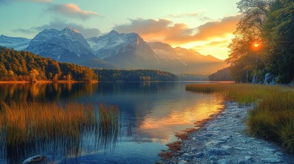 Autumn sunset over alpine lake with mountain reflections