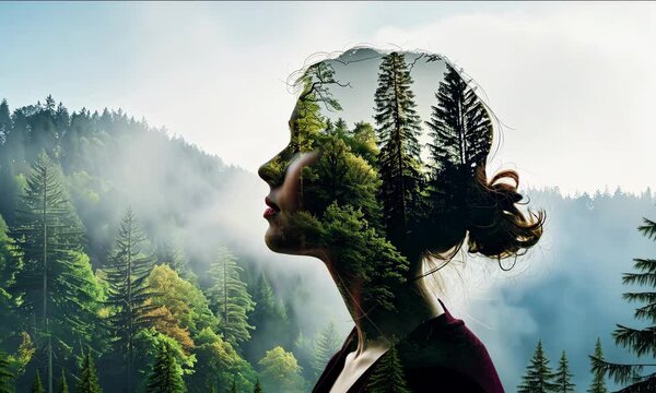 A creative portrait of an attractive woman with a double exposure against a forest background. Profile pose. Unity with nature, surrounding environment, bokeh effect.