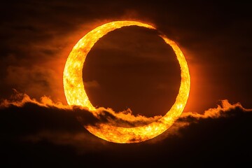 Annular Solar Eclipse Phenomenon with Fiery Ring of Light and Dark Clouds in the Sky Dramatic Celestial Event Astronomy and Nature Photography