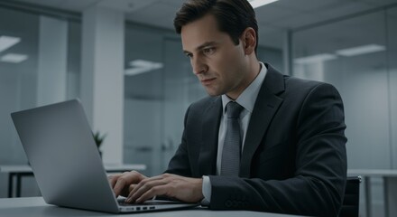 Focused businessman working on laptop in modern office environment diligently