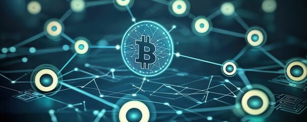 Obraz premium A vibrant digital representation of Bitcoin, showcasing a network of interconnected nodes and glowing circles, symbolizing blockchain technology.