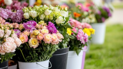 Fototapeta premium A vibrant flower market with buckets of fresh blooms,