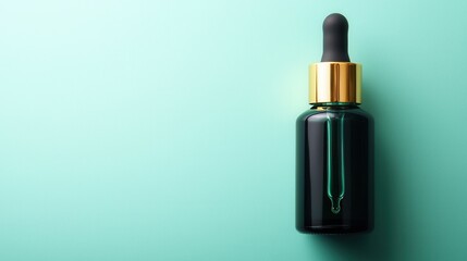 A sleek black dropper bottle with a golden cap against a mint green background, ideal for cosmetic or essential oil products.