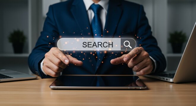 Professional businessman using a digital search interface on a tablet device