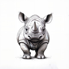 Fototapeta premium Young rhinoceros walking forward on a plain background 