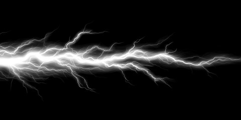 Intense, Glowing White Lightning Strike on Black, Thunderstorm Energy Discharge, Electric Current