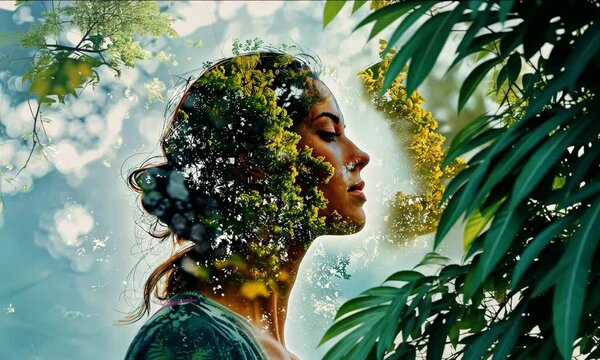A creative portrait of an attractive woman with a double exposure against a forest background. Profile pose. Unity with nature, surrounding environment, bokeh effect.