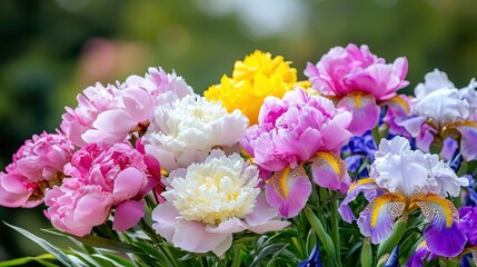 A colorful garden with peonies and irises in full bloom, © Preecha