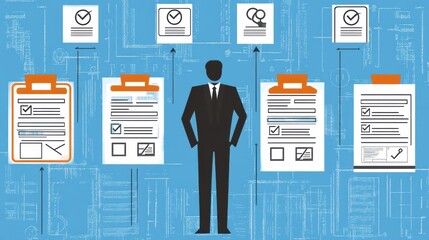 Silhouette Businessman Amidst Checklists and Documents on Blue Background