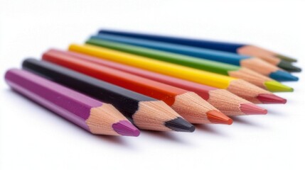 Fototapeta premium Close up view of ten colored pencils arranged in a slightly curved row against a white background. The pencils are sharpened and display a spectrum of colors.