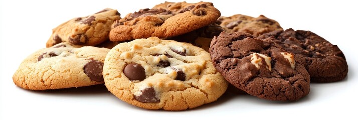 Obraz premium Delicious Assortment of Freshly Baked Cookies with Chocolate Chips on a White Background