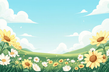 Fototapeta premium serene field of sunflowers and daisies under bright blue sky, with fluffy clouds drifting by. vibrant flowers sway gently in breeze, creating peaceful atmosphere