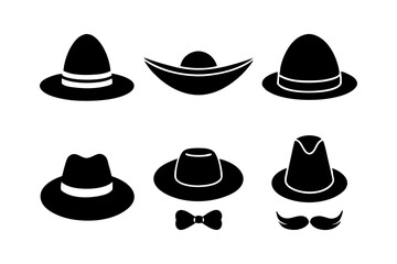 Hat Silhouette Collection Vector. Cowboy Witch Fedora Cap Icon Set