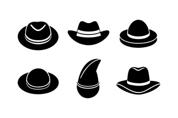 Hat Silhouette Collection Vector. Cowboy Witch Fedora Cap Icon Set