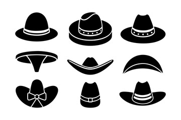 Hat Silhouette Collection Vector. Cowboy Witch Fedora Cap Icon Set