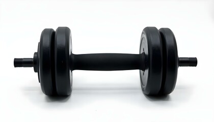 Fototapeta premium A black dumbbell with two weights on each side, lying on a white surface, studio shot, product photography