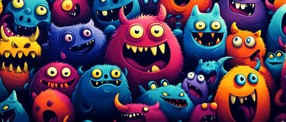 Colorful monsters and aliens celebrate in a vibrant cartoon world full of joy and whimsy