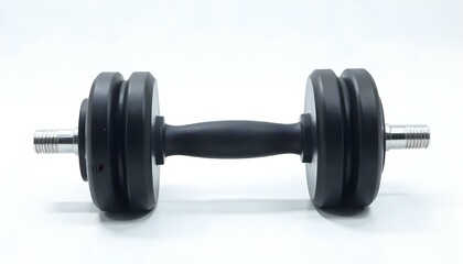 A black dumbbell with two weights on each side, lying on a white surface, studio shot, product photography