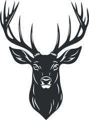 Black and white silhouette illustration of a deer head with large antlers.