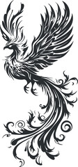 Fototapeta premium Black and white illustration of a majestic phoenix with intricate feather details in tribal style.