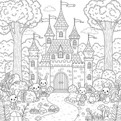 Naklejka premium Cute Bunny Castle Coloring Page Magical Forest Scene