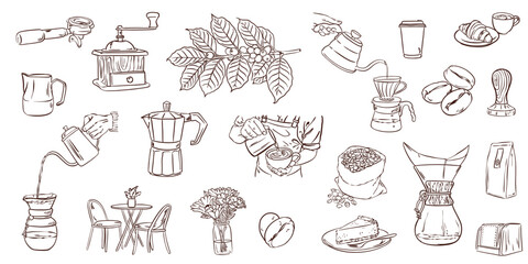Set of hand drawn illustrations on the theme of coffee and coffee shop. Hand drawn vector illustrations in ink. Collection for invitations, posters, posters.