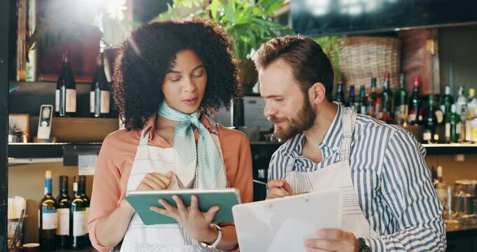 Tablet, team and talk with people in cafe for inventory checklist, restaurant review and small business update. Customer experience, critic and menu rating with man and woman in coffee shop for app