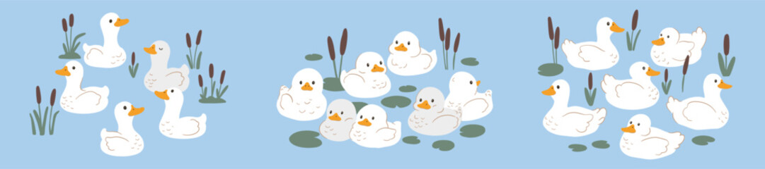 Colorful cute doodle illustrations set hand drawn on blue background. flock of cute ducks in the water	
