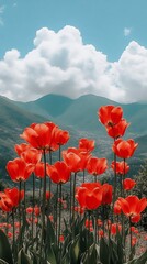 Fototapeta premium Vibrant Red Tulips Blooming Against Mountain Backdrop Under Cloudy Sky