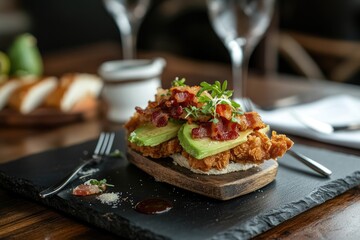 Crispy chicken sandwich with avocado, bacon, and herbs