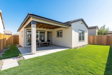 Modern home backyard patio with covered seating area