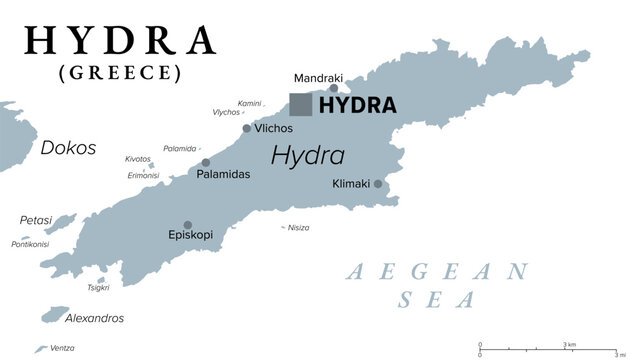 Hydra, Greek island, gray political map. One of the Saronic Islands of Greece in the Aegean Sea. Also Ydra or Idra, and in antiquity Hydrea, Greek word for water, as reference to its natural springs.