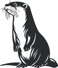 Black and white silhouette of an otter in a sitting pose, showcasing detailed whiskers.