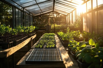 Sun-drenched greenhouse with young plants.  Sunlight streams through the glass roof, illuminating rows of seedlings in various stages of growth.  A wooden table with solar panels is central