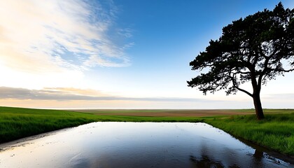 Fototapeta premium Sunrise Pond for Peaceful Field, Tree Silhouette.