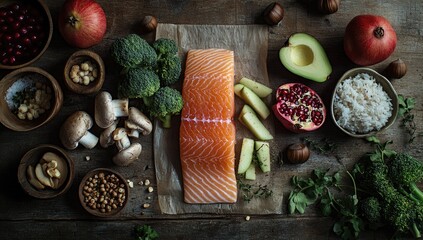 Fresh healthy food ingredients arranged on a rustic wooden surface. Salmon fillet, broccoli, avocado, mushrooms, pomegranates, nuts, rice, apples, and other nutritious elements are visible