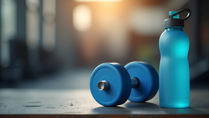 fitness and workout concept with dumbbells and bottle of water on the floor, gym and training equipments background