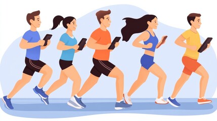 Five Young Adults Running with Tablets, Colorful Casual Athletic Wear, Pixel Art Illustration