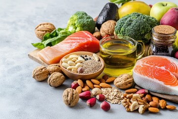 Healthy food variety, rich in nutrients.  Fresh produce, fish, nuts, seeds, and healthy oils