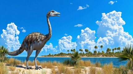 Large flightless bird, resembling an ostrich, stands on a sandy shore near a tropical island under a bright blue sky with fluffy white clouds. 