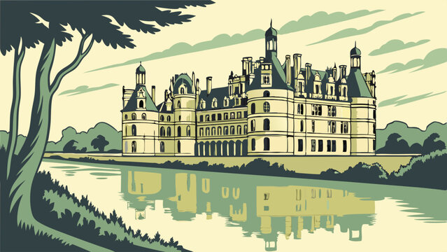 Elegant Vector Scene of Ch&acirc;teau de Chambord with River Reflection. Perfect for: Bastille Day, France