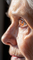 Cataract eye removal age risk lens symptom. Senior woman showing signs of cataracts in a healthcare setting.