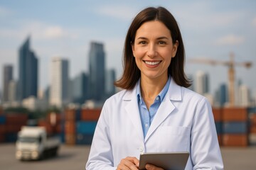 Scientist Smiling Amidst Logistics: A professional scientist or researcher smiles warmly, holding a digital tablet, against the backdrop of a busy port, highlighting the integration of science.