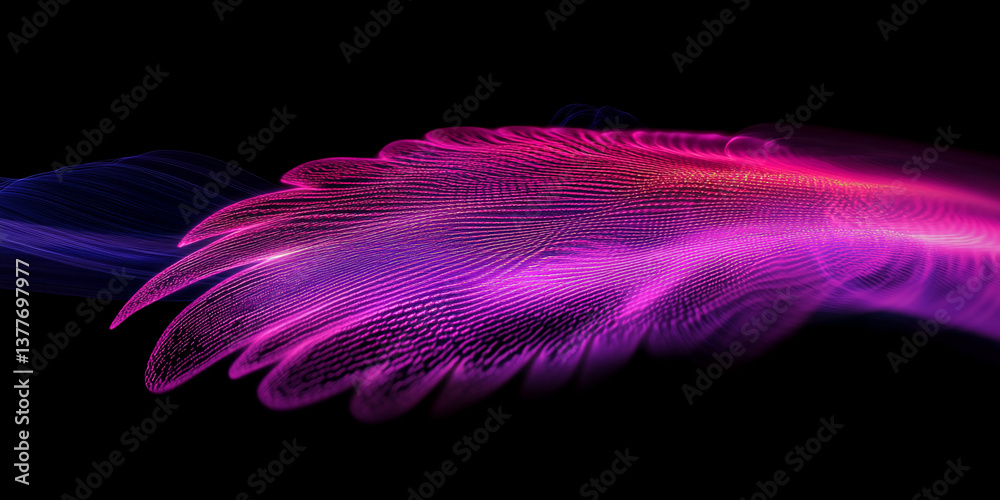 Poster abstract image of pink and purple glowing lines forming a wave-like pattern on black background, sug
