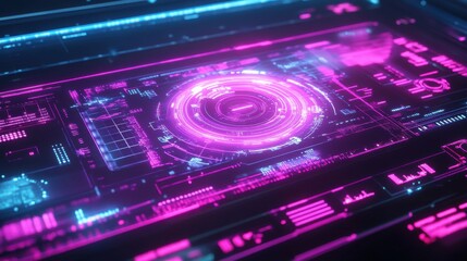 Obraz premium Intricate electronic design features glowing pink and blue elements on a dark background, highlighting digital interfaces and futuristic aesthetics in technology
